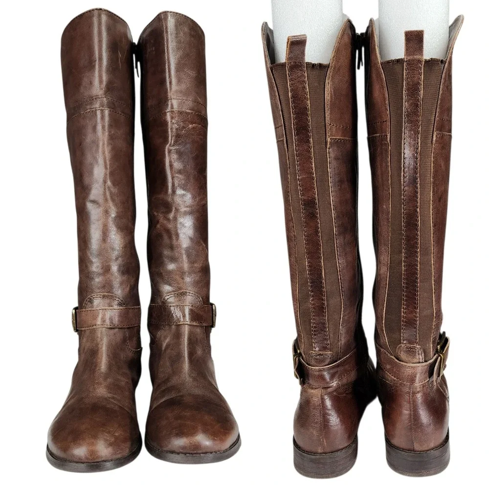 Marc Fisher Riding Boots 7M Women Stretch Zip Brown Leather Knee High Equestrian